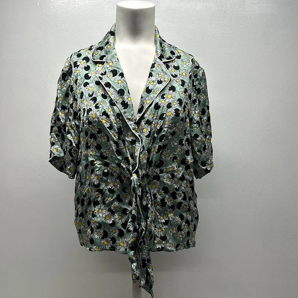 Sandro Blouse Top Shirt Short Sleeve Tie Front Daisy Floral Green New Size Large - Picture 2 of 12